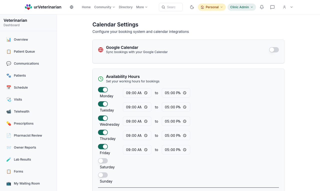 A veterinarian’s settings screen showing per-day availability hours, a Google Calendar sync toggle and a timezone, with the clinical sidebar alongside